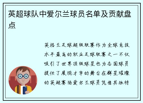 英超球队中爱尔兰球员名单及贡献盘点